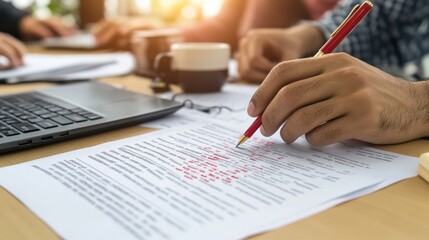 Poster - A person editing a document with a red pen beside a laptop and coffee.