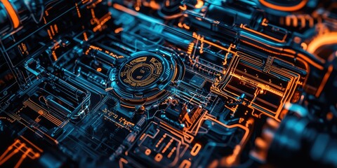 Aufkleber - A close-up of a smart machine with digital controls and circuits, symbolizing the integration of advanced technology and automation systems in modern manufacturing.