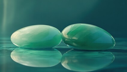 Aufkleber - Two smooth, green stones reflecting on a surface, showcasing their glossy texture.