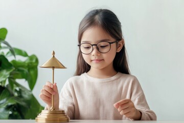 Aufkleber - A young girl examines a decorative brass lamp on a table in a serene indoor setting.