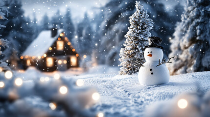 Aufkleber - Magical christmas evening: snowman in snowy landscape with illuminated chalet in the background