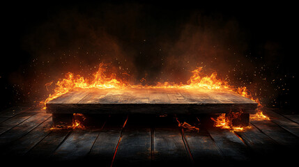 Poster - Fiery scene: burning wooden table with flying sparks against a dark background