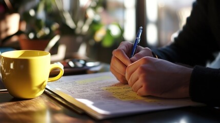 Poster - A person writing notes with a pen beside a yellow mug in a sunlit environment.