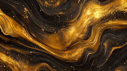 Poster - Luxurious fluid art painting with golden swirls and glitter, creating a mesmerizing abstract background