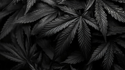 Poster - Monochrome close-up of cannabis leaves creating a dark, textured backdrop
