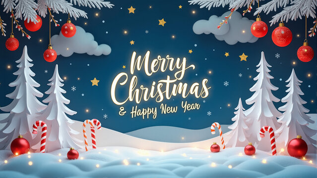 Enchanting Winter Wonderland with Christmas Trees, Candy Canes, Ornaments, Snowy Clouds, and Festive Greetings for a Magical Holiday