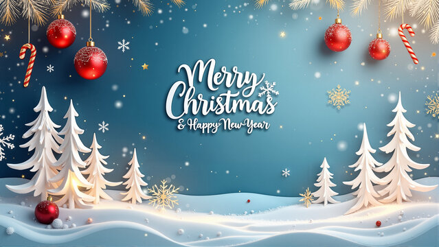 Enchanting Winter Wonderland with Christmas Trees, Candy Canes, Ornaments, Snowy Clouds, and Festive Greetings for a Magical Holiday