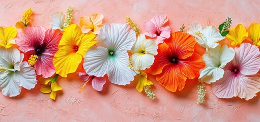 Poster - A vibrant arrangement of colorful hibiscus flowers against a soft pink background.