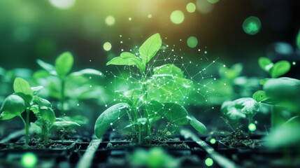 A computer screen shows a simple, geometric plant design.  This image represents smart farming technology using biotechnology and environmental science.