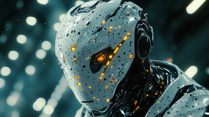 Poster - a close-up shows a robot's head, made of glowing dots and lines. it looks futuristic and artificial.
