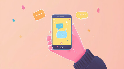 Poster - a hand holds a phone showing a chatbot logo and speech bubbles. this image represents ai-powered dig