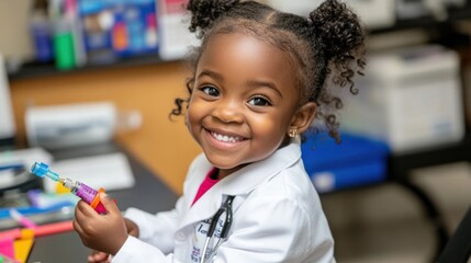 Aufkleber - A smiling young girl in a lab coat holds colorful test tubes in a playful science setting.