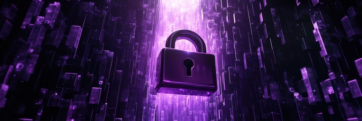 Poster - A digital lock surrounded by a glowing purple background, symbolizing security and encryption.