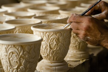 Aufkleber - A craftsman decorates ceramic pots with intricate designs in a workshop.