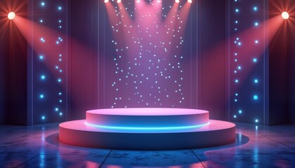 Aufkleber - Empty product platform glows neon blue red. Light illuminates stage. Cyber studio scene. Perfect for promo banner. Sale retail marketing. Shop exhibition. Buy now.