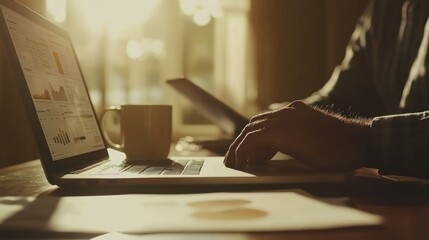 Poster - A person working on a laptop with graphs and a coffee cup on a wooden desk.