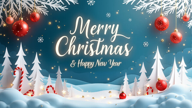 Enchanting Winter Wonderland with Christmas Trees, Candy Canes, Ornaments, Snowy Clouds, and Festive Greetings for a Magical Holiday