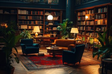 Poster - Cozy library with comfortable seating, warm lighting, and lush plants for relaxation and reading.