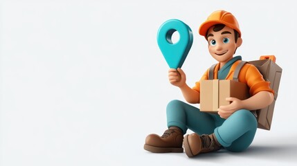 Poster - A cheerful delivery worker holding a location pin and a package, symbolizing logistics.