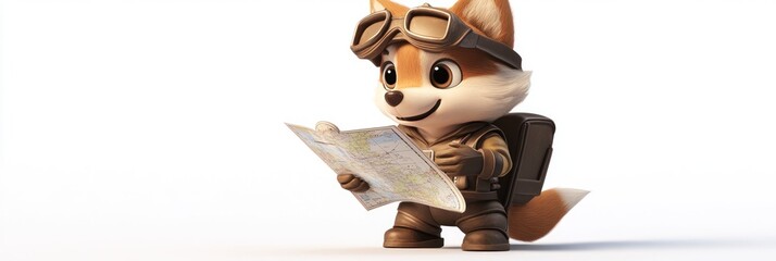 Aufkleber - A cheerful fox character in aviator gear studies a map, ready for adventure.