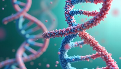 Poster - DNA helix structure abstract background. Microscopic view of deoxyribonucleic acid. Genetic research concept. Molecular biology science. Biotechnology innovation. Human genome. Cellular micro