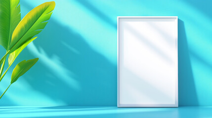 Wall Mural - Blank frame against a bright blue wall with greenery