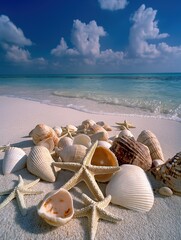 Beach shell collection tropical shore nature sunny environment close-up view