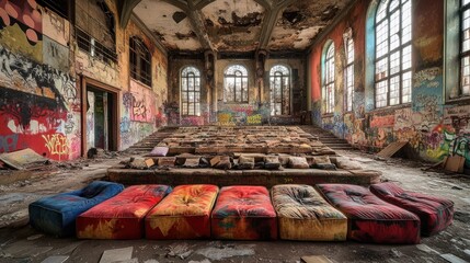 Poster - A decaying auditorium with colorful cushions and graffiti-covered walls.