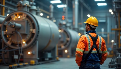 Aufkleber - Factory worker in safety gear inspects industrial machinery. Man in hardhat observes large tanks. He checks equipment in plant. Manufacturing process control. Heavy industry.