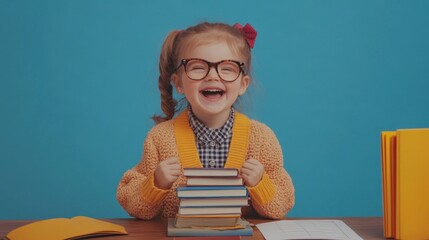 Poster - A cheerful girl in glasses, smiling while stacking books on a table against a blue background.