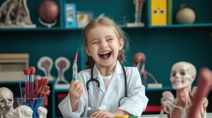 Aufkleber - A joyful child dressed as a doctor, holding a syringe in a playful learning environment.