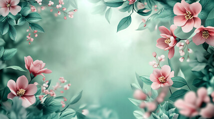 Poster - Elegant pink flowers and green leaves create a beautiful frame on a soft green background, perfect for spring and nature-themed designs