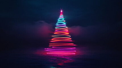 Poster - Colorful illuminated Christmas tree created with light trails in a dark atmosphere at nighttime