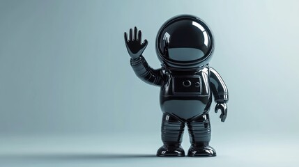 Poster - A glossy black astronaut figure stands waving against a light background.