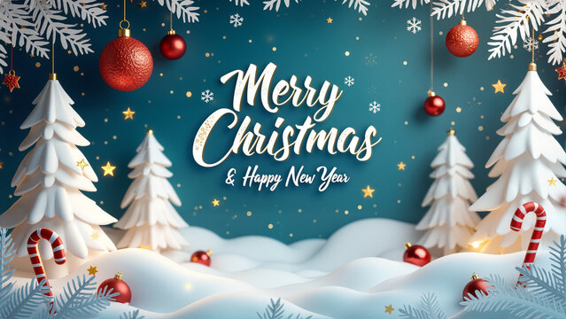 Enchanting Winter Wonderland with Christmas Trees, Candy Canes, Ornaments, Snowy Clouds, and Festive Greetings for a Magical Holiday