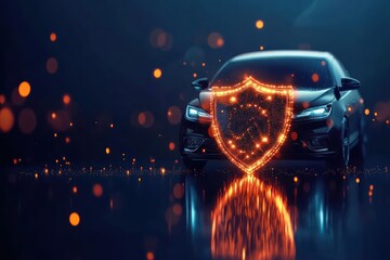 Poster - Car surrounded by a glowing insurance shield, highlighting the importance auto insurance coverage.