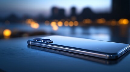 Poster - Sleek smartphone rests on a surface at dusk, city lights blurred in background.