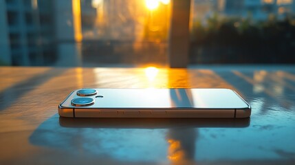Poster - Golden smartphone rests on table at sunset.