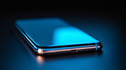 Poster - Sleek smartphone on dark background with blue light reflection.