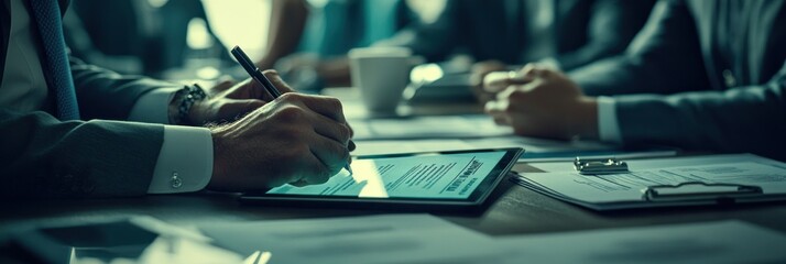 Poster - A business meeting with individuals discussing documents and using a tablet for notes.