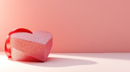 Poster - A glittery heart-shaped gift box with a ribbon against a soft pink background.