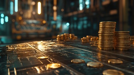 Poster - A close-up view of stacked coins on a metallic surface in an industrial setting.