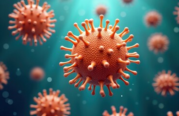 Poster - Orange virus particles float in blue fluid. Spiky virus close up view. Microscopic germ. Disease research. Medical illustration. Viral infection. Health science. Human body. Cell biology. 3D render.