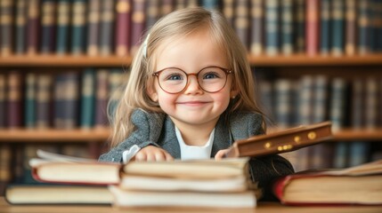 Aufkleber - A young girl with glasses smiles while surrounded by books in a library setting.
