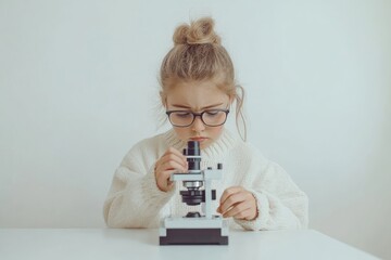 Poster - A young girl examines a microscope with concentration and curiosity.