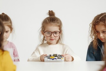 Poster - A young girl with glasses engages with a colorful building set, surrounded by peers.