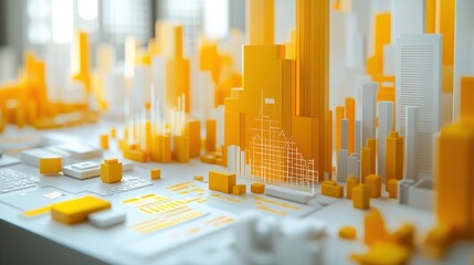 Leinwandbilder - A detailed architectural model showcasing urban structures in yellow and white tones.