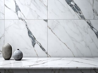 Elegant marble wall display featuring minimalist ceramic vases in a modern interior design setting