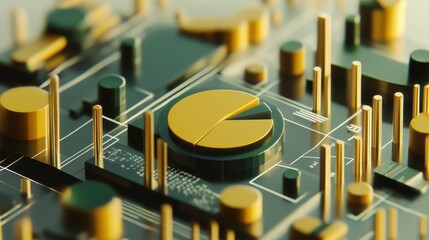 Poster - A 3D representation of data analytics with graphs and charts.