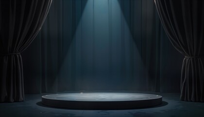 Aufkleber - Empty stage dark room. Spotlight illuminates circular platform. Dark blue background. Curtains frame scene. Night club concert hall design. Perfect for event promotion. Ideal show display template.